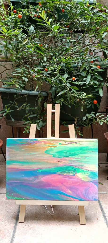 Cuadro pouring art azules, rosas y verdes