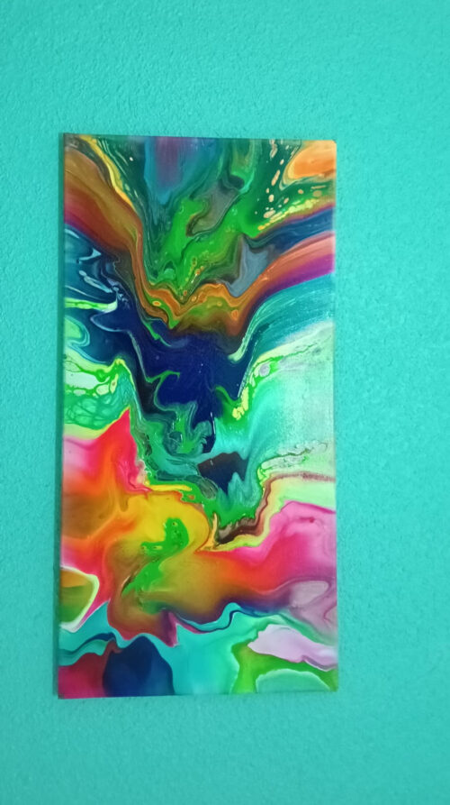 Cuadro pouring art naranjas, verdes y azules